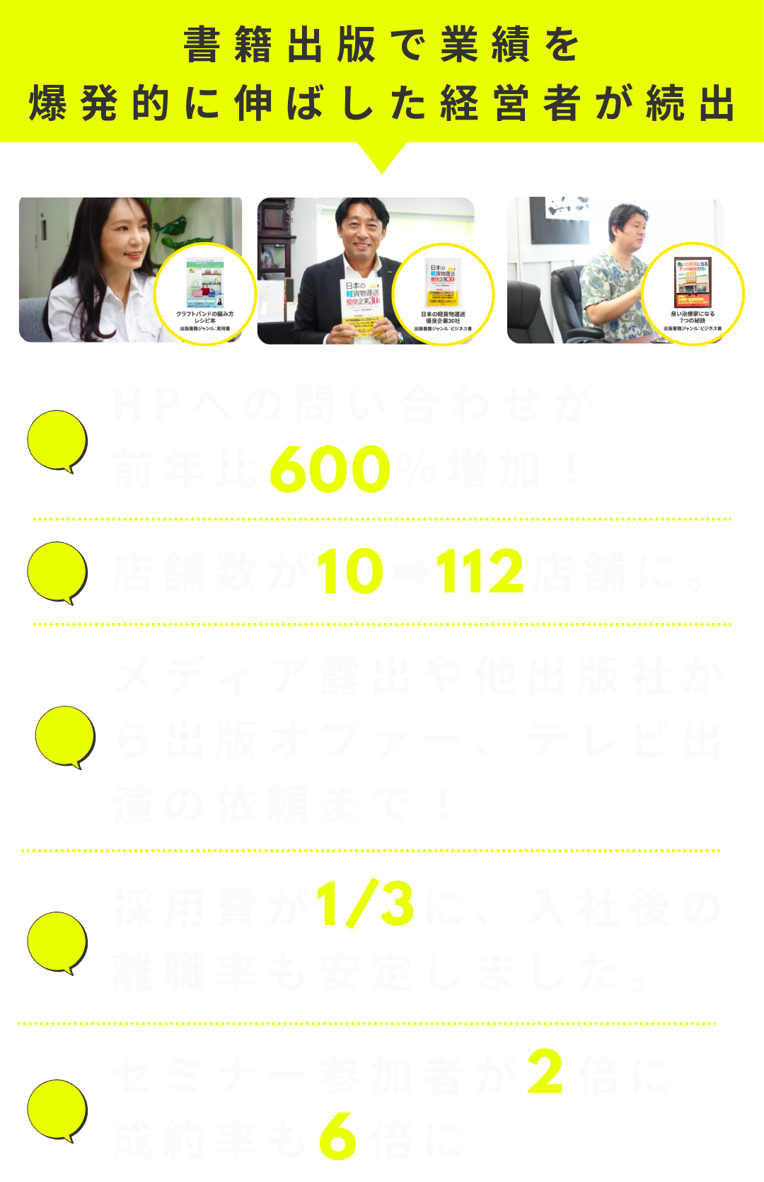 書籍出版で業績を
爆発的に伸ばした経営者が続出